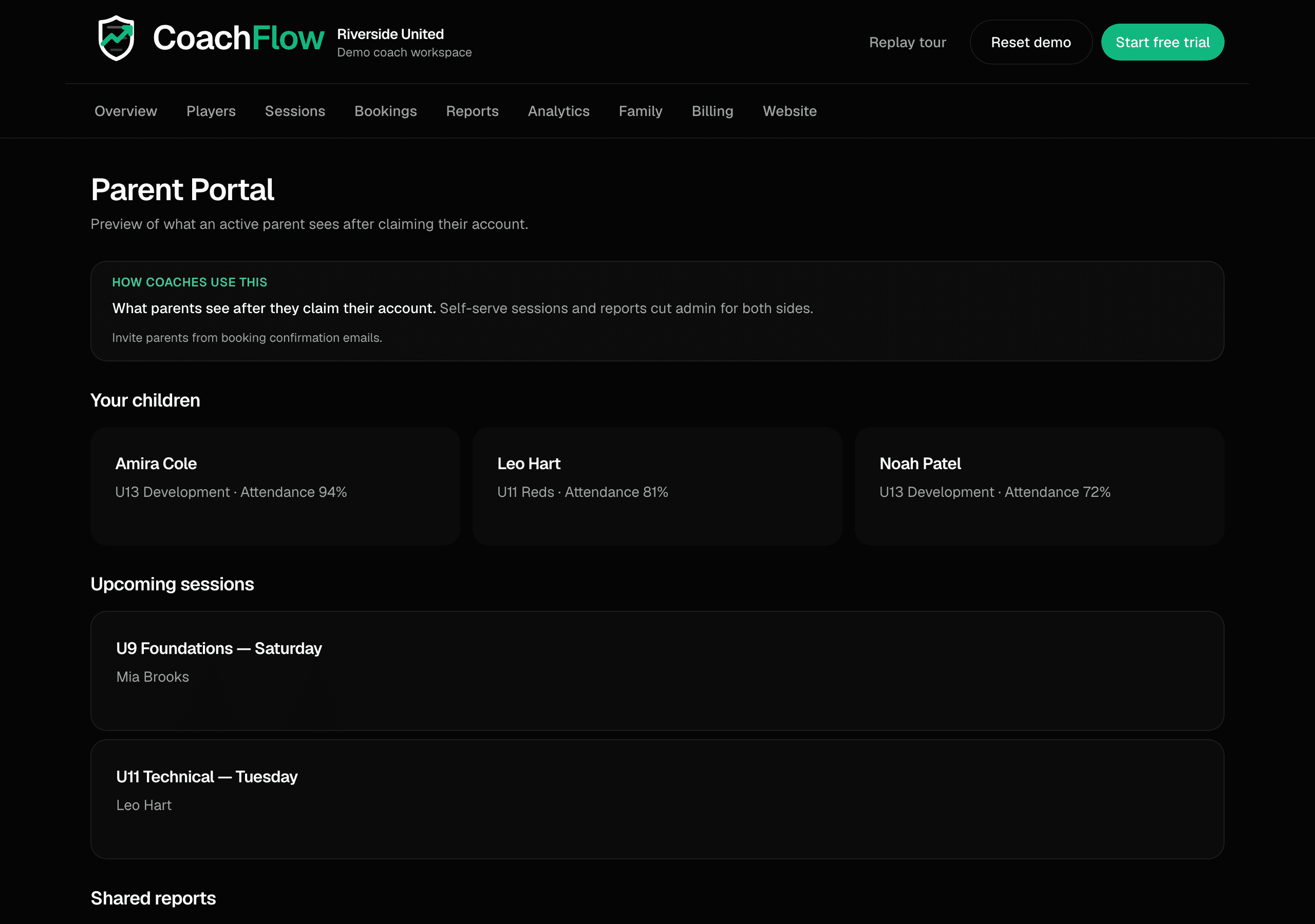 Parent portal in Awarix — training, reports, and payments