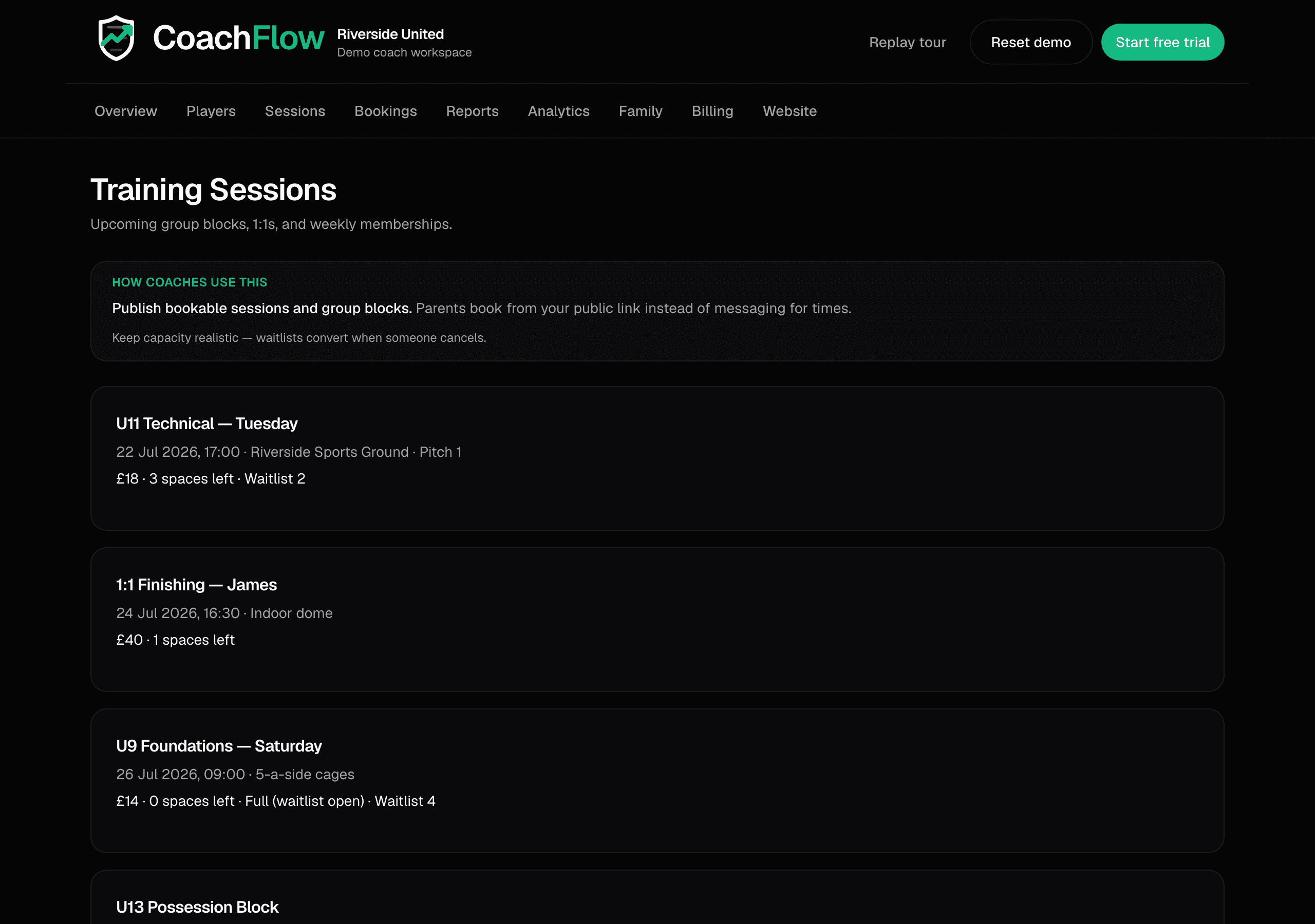 Training Sessions in Awarix — plan and publish bookable training